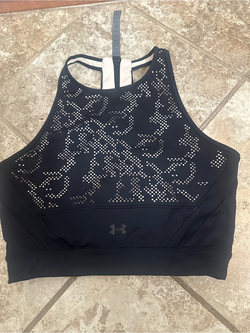 New Under Armour Black High-Neck Laser-Cut Sports Bra with White Back Strap Sz.